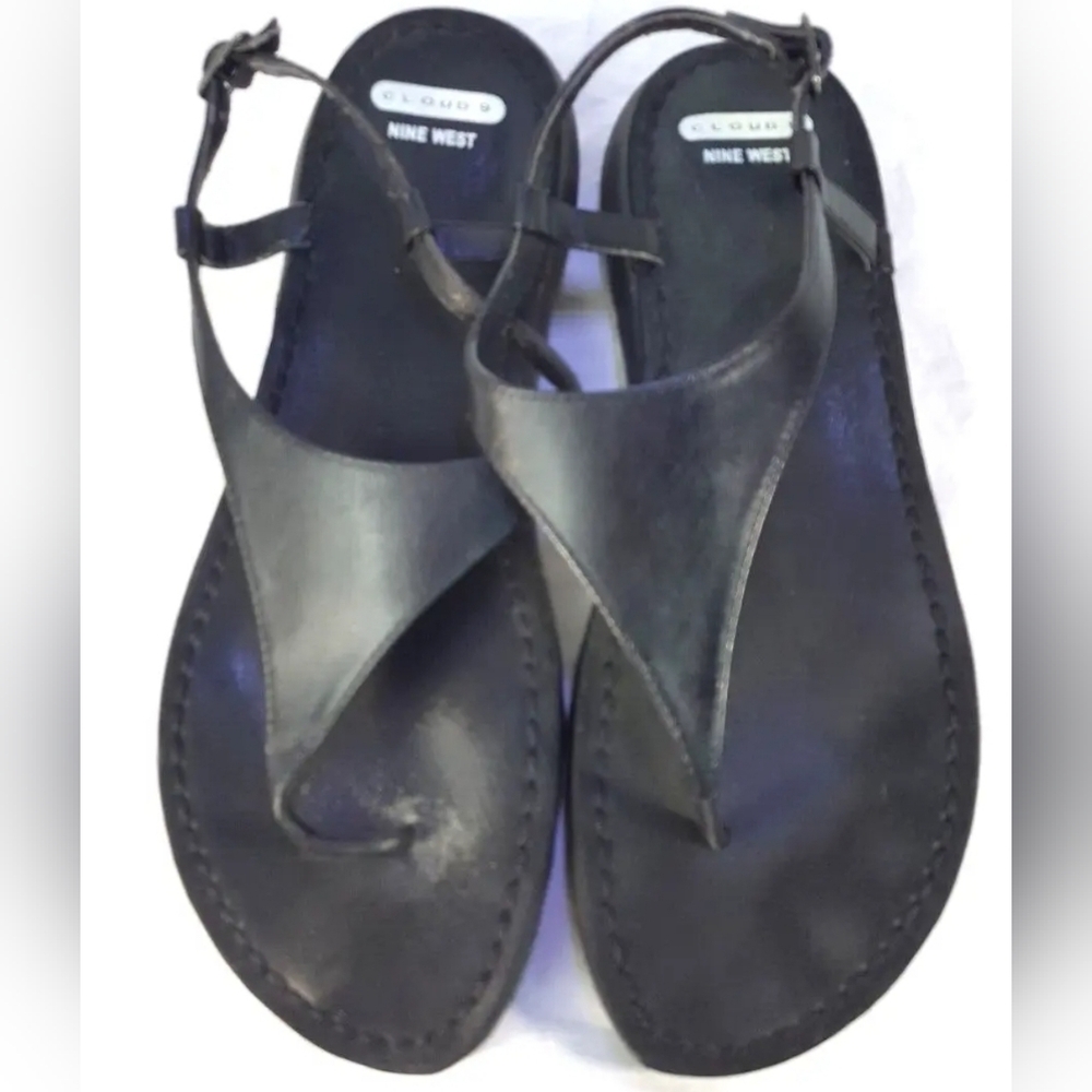 Nine West Cloud 9 Sandals Black Leather  Thong Slides Women's Size 7.5M.…